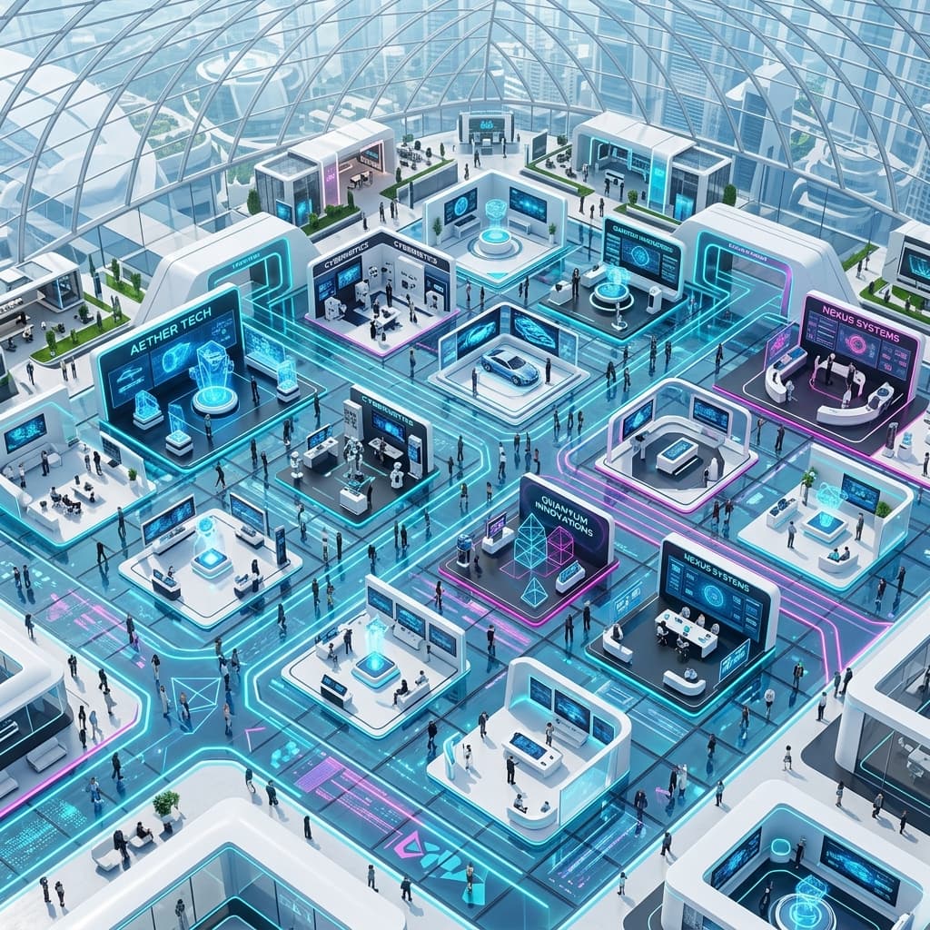 Feria virtual futurista con stands y visitantes